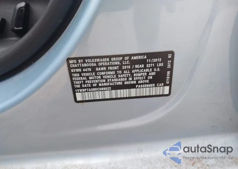 2013 Volkswagen Passat 2.5L Se из США, поврежденный, VIN 1VWBP7A38DC068022